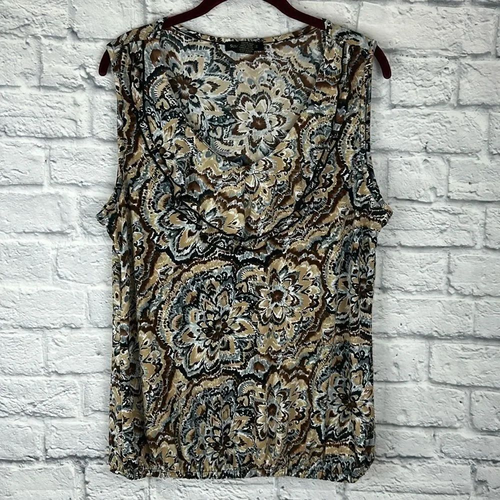 Susan Lawrence Ruffle Neckline Brown Floral Blouse Size XL